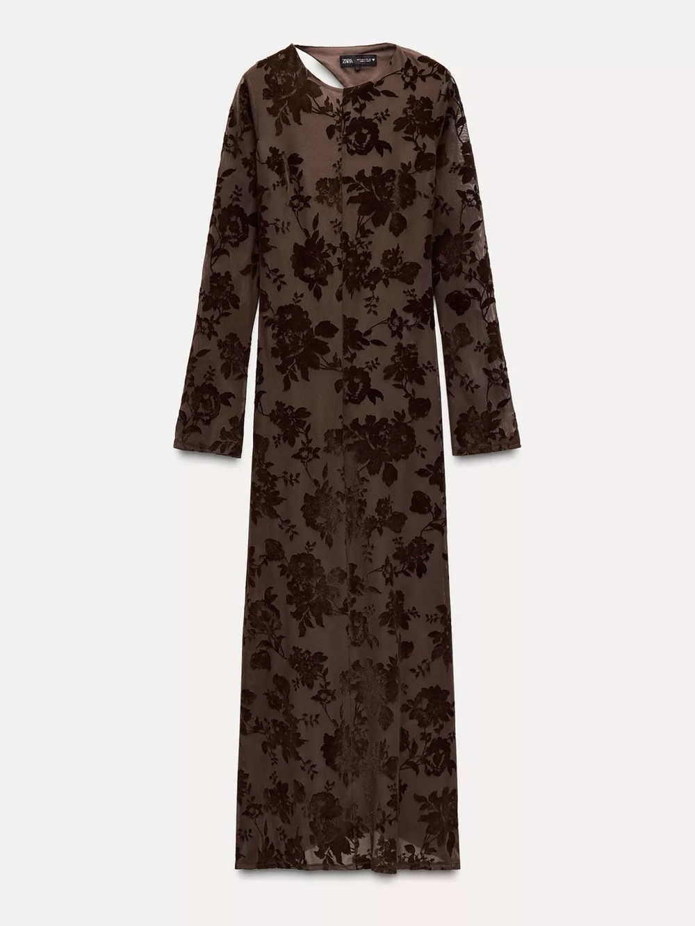 Zara Dark Brown Floral Burnout Long-Sleeve Maxi Dress